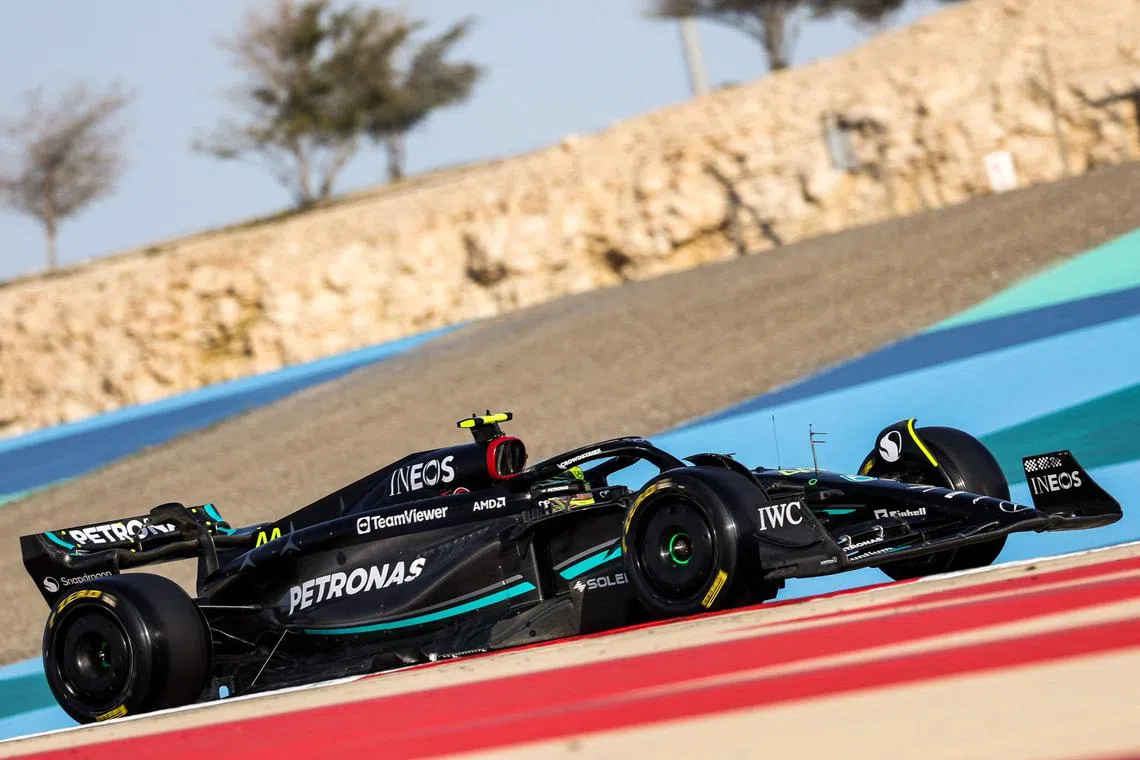 Mercedes' Lewis Hamilton drives during the first day of Formula One pre-season testing in Bahrain.