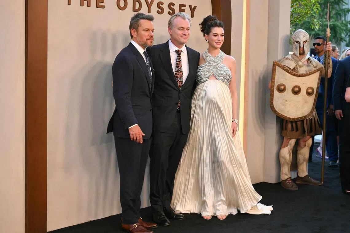 (From left) US actor Matt Damon, British-US director Christopher Nolan and US actress Anne Hathaway attend The Odyssey premiere at the AMC Lincoln Square in New York on July 14.