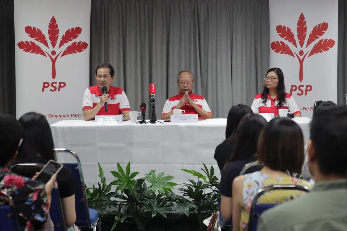 Progress Singapore Party's (from left) secretary-general Leong Mun Wai, chairman Tan Cheng Bock and vice-chairman Hazel Poa at a press conference on May 27.