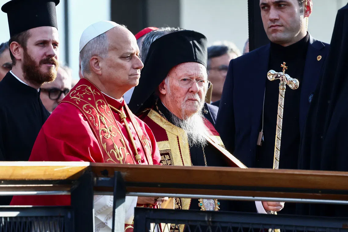 Pope Leo XIV and Ecumenical Patriarch Bartholomew I of Constantinople participating in a prayer service in Iznik, Turkey on Nov 28.