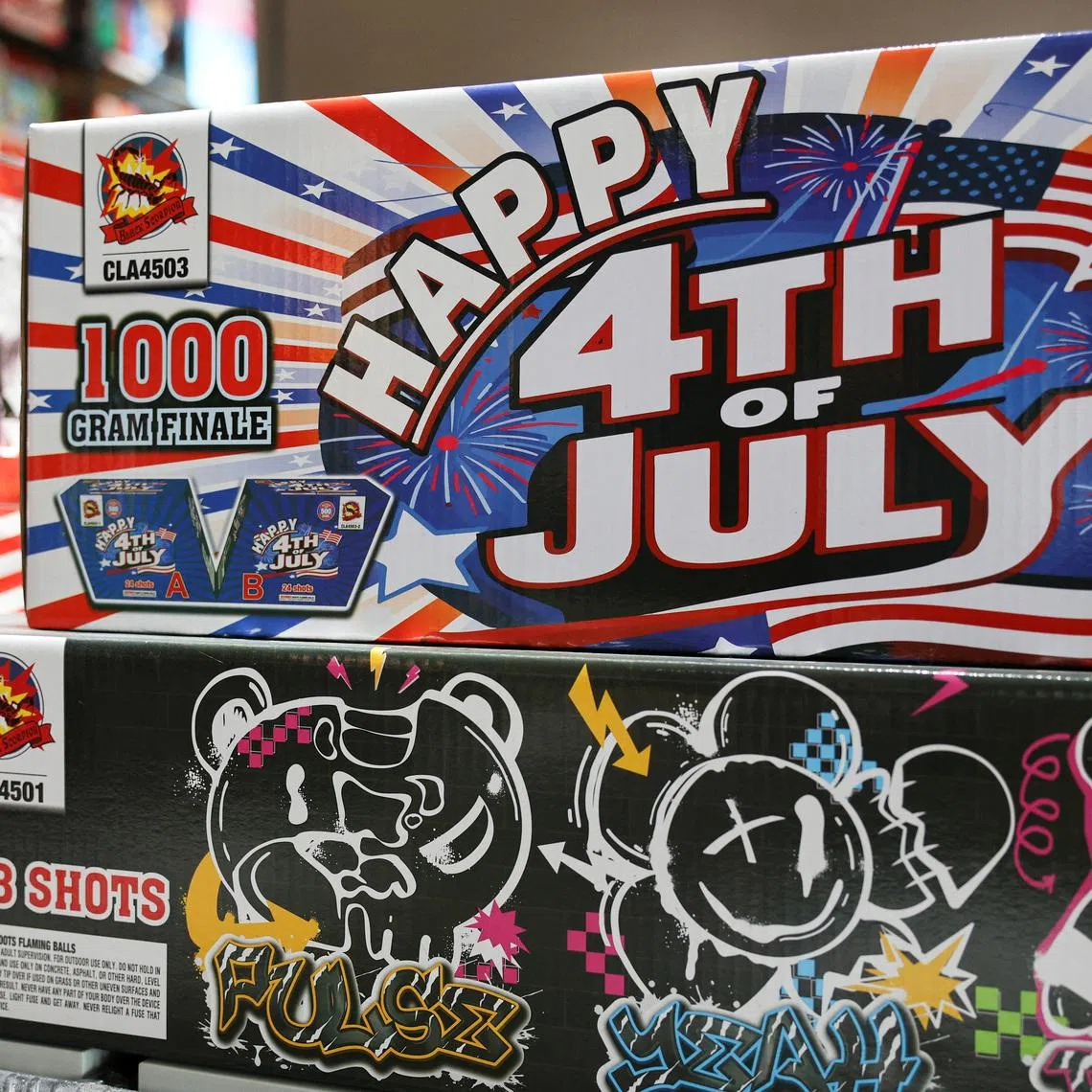 Firework products for the U.S. market are displayed at the showroom of Chili Fireworks in Liling, Hunan province, China, April 9, 2026.  REUTERS/Go Nakamura
