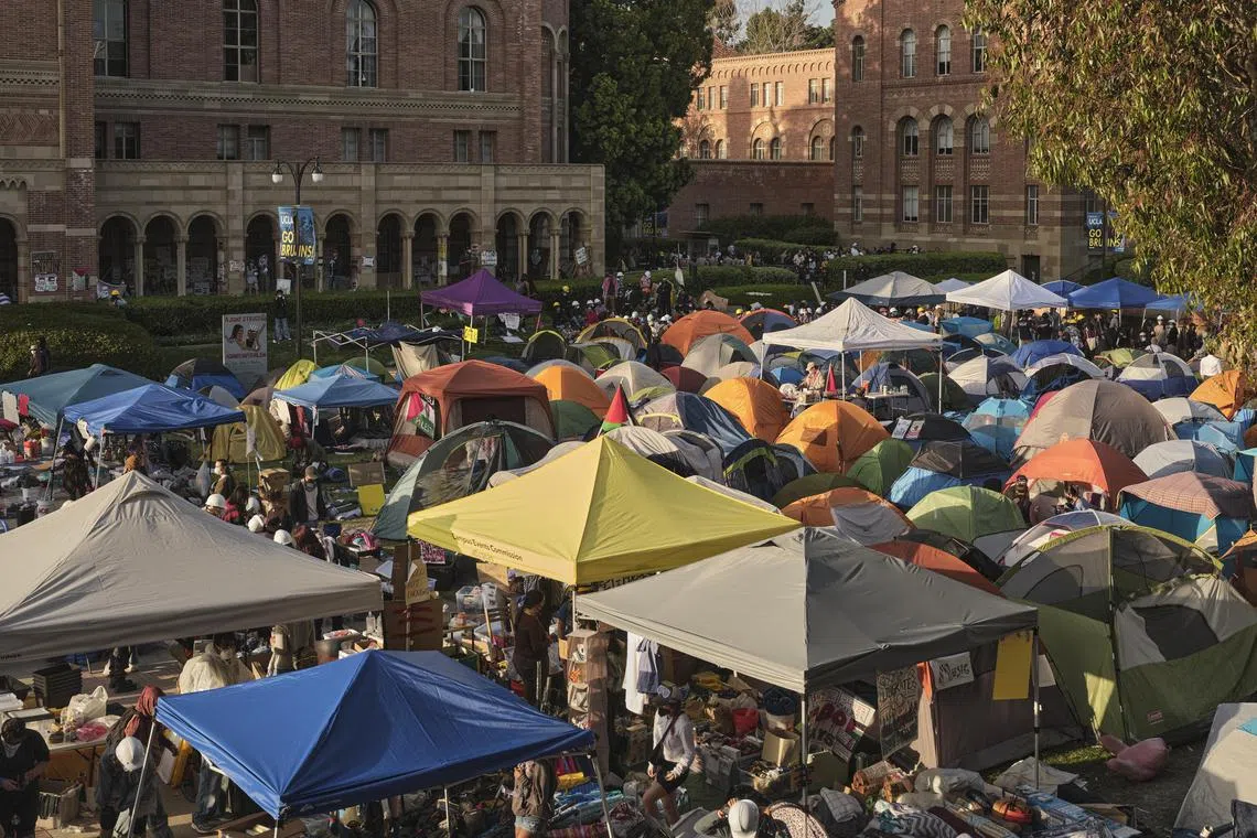 The pro-Palestinian encampment on the University of California, Los Angeles campus on May 1. Ahead of a new school year, colleges across the country have adopted a wave of new rules around protest and speech. 