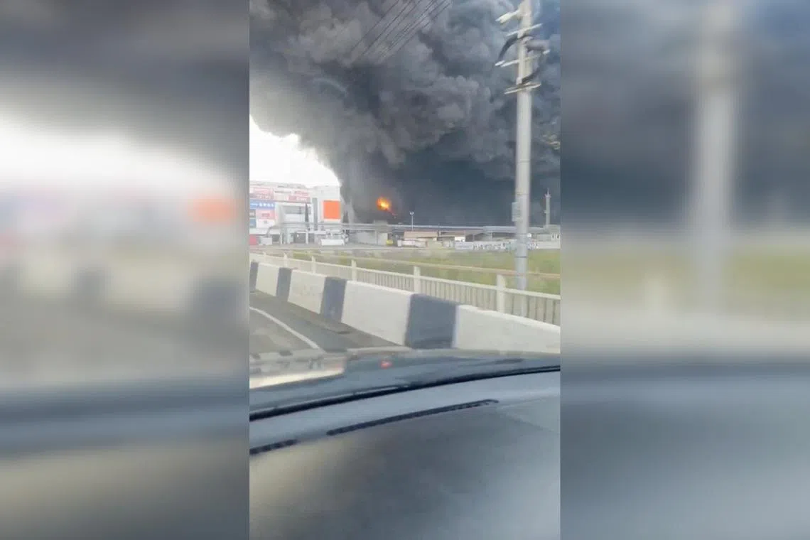 A fire burning at a refinery in Tuapse, in Russia's Krasnodar region, on April 20, in an image obtained from social media.