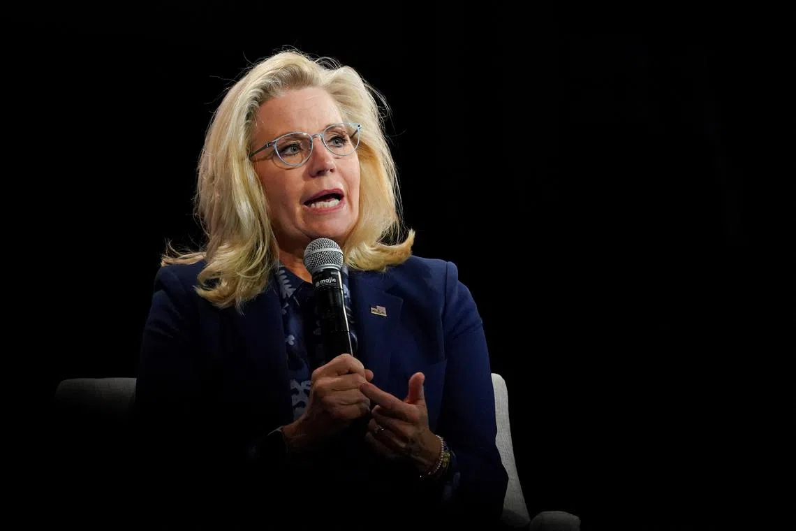 Former U.S. Rep. Liz Cheney (R-WY) speaks during a conversation with Democratic presidential nominee U.S. Vice President Kamala Harris moderated by Charlie Sykes in Brookfield, Wisconsin, U.S., October 21, 2024. REUTERS/Kevin Lamarque