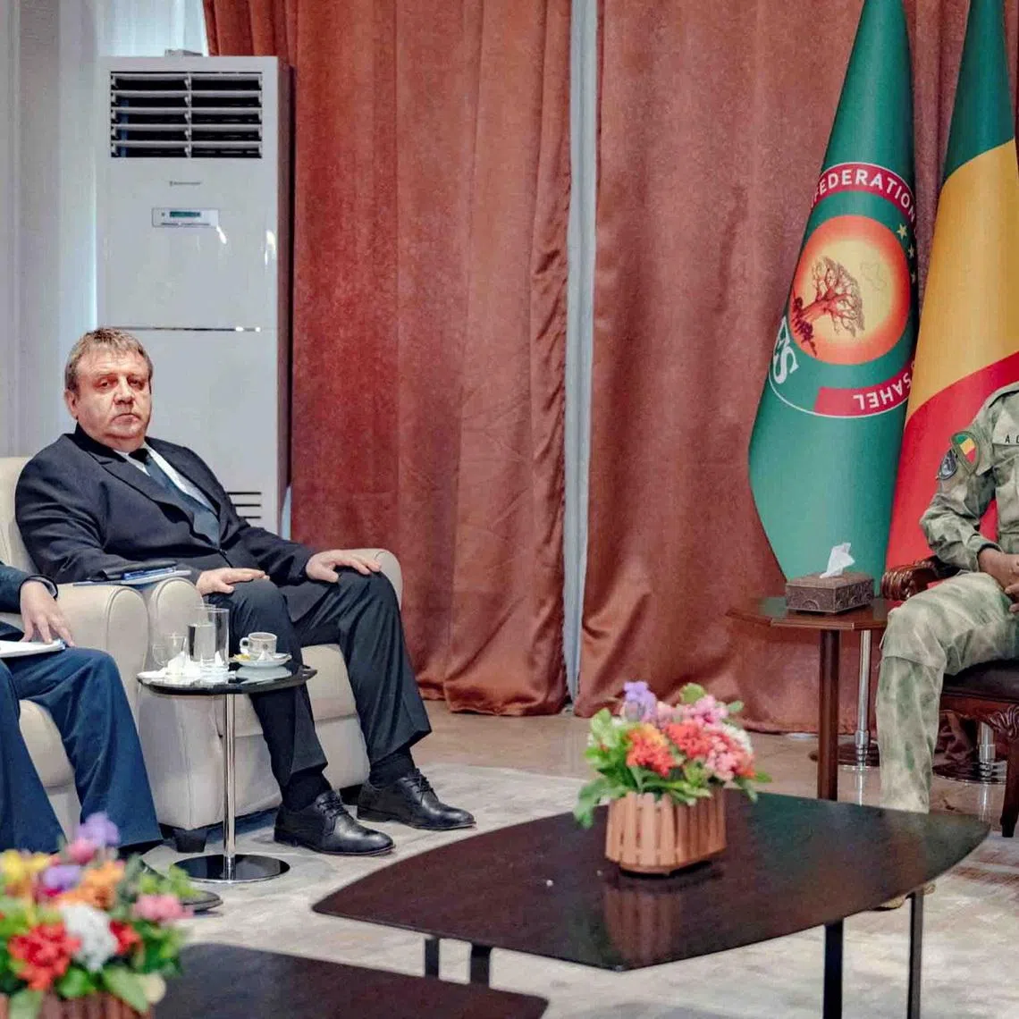 Assimi Goita, the leader of Mali's military government, meets with Russian officials, including Russian ambassador Igor Gromyko, according to Mali's presidency, at Koulouba Palace in Bamako, Mali, in this handout photo released April 28, 2026.    Mali Presidency via Facebook/Handout via REUTERS