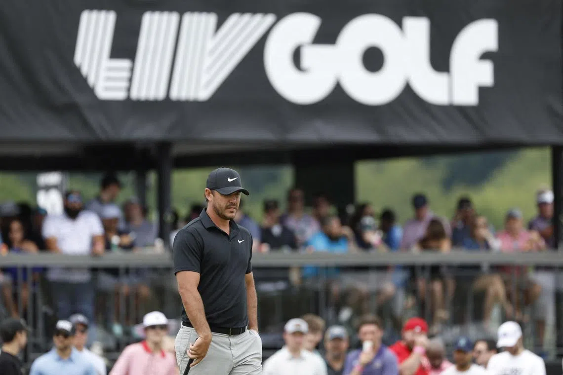 May 28, 2023; Potomac Falls, Virginia, USA; Brooks Koepka watches his putt on the fourth green during the final round of LIV Golf Washington, D.C. golf tournament at Trump National. Mandatory Credit: Geoff Burke-USA TODAY Sports