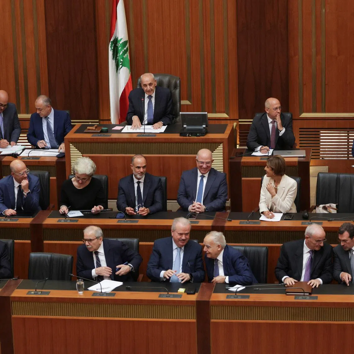 Lebanese Parliament Speaker Nabih Berri and members of the Lebanese government attend a parliament session in Beirut, Lebanon July 15, 2025. REUTERS/Emilie Madi