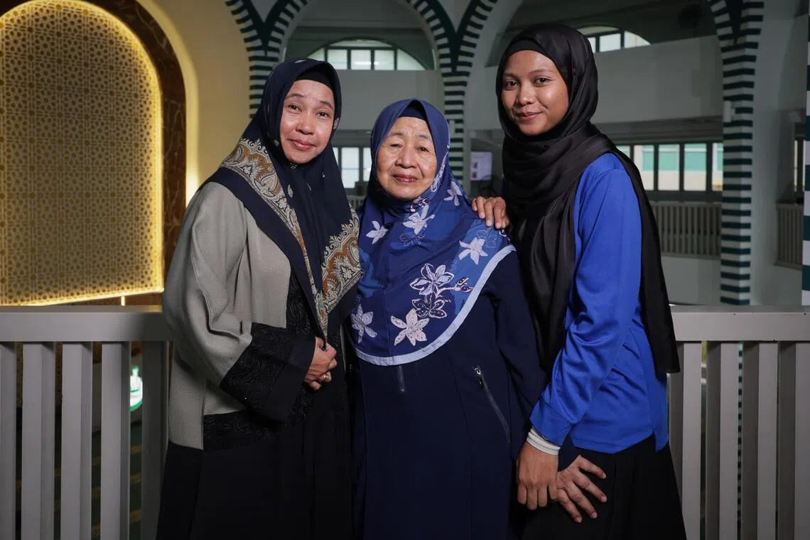 (From left): Hamidah Wan, 57; Ramlah Rasul, 71; and Allkin’s senior social worker Suriani Umar, 41, at Masjid Al-Muttaqin on Aug 26.