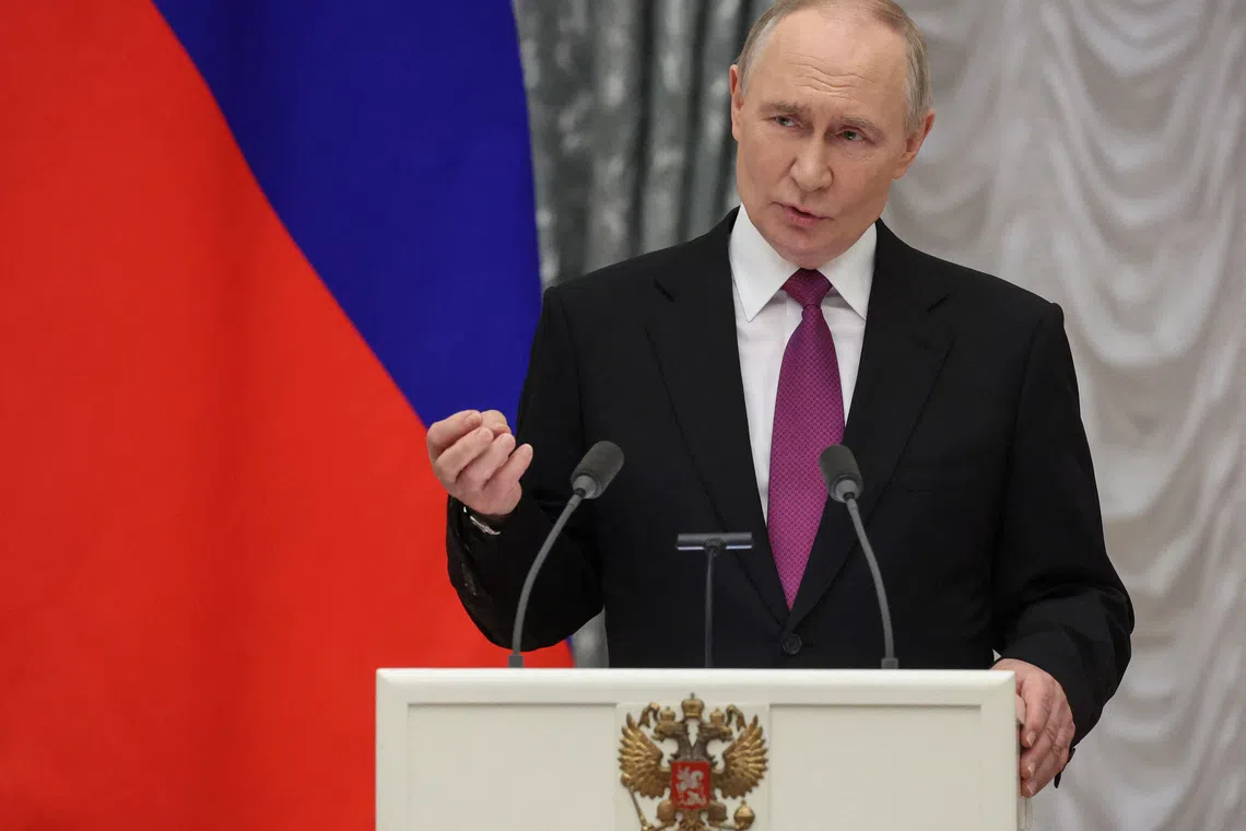 Russia's President Vladimir Putin delivers a speech during an awarding ceremony marking National Unity Day at the Kremlin in Moscow, Russia, November 4, 2025. Maxim Shipenkov/Pool via REUTERS