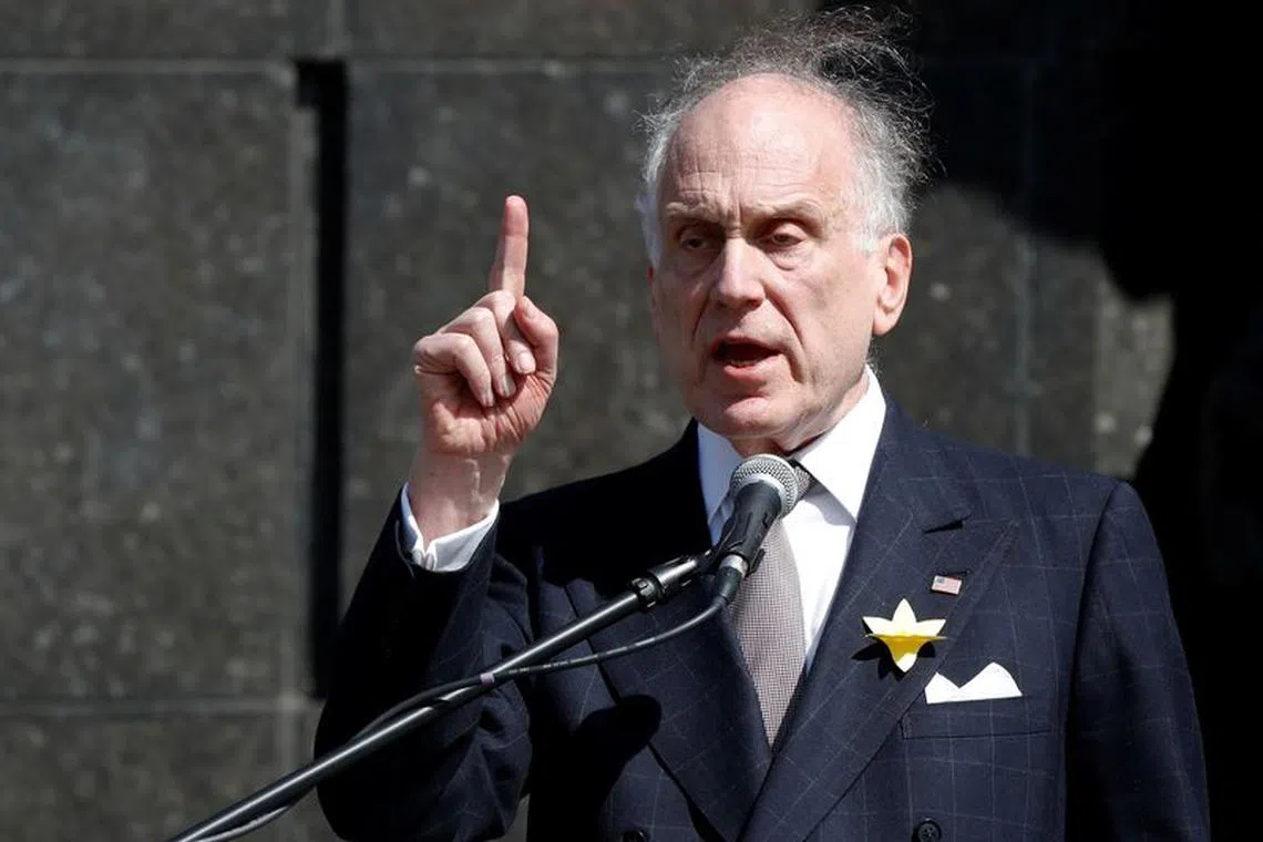 FILE PHOTO: World Jewish Congress president Ronald Lauder speaks during a ceremony commemorating the 75th anniversary of the Warsaw Ghetto Uprising, in front of the Museum of the History of Polish Jews, in Warsaw, Poland April 19, 2018. REUTERS/Kacper Pempel/File Photo