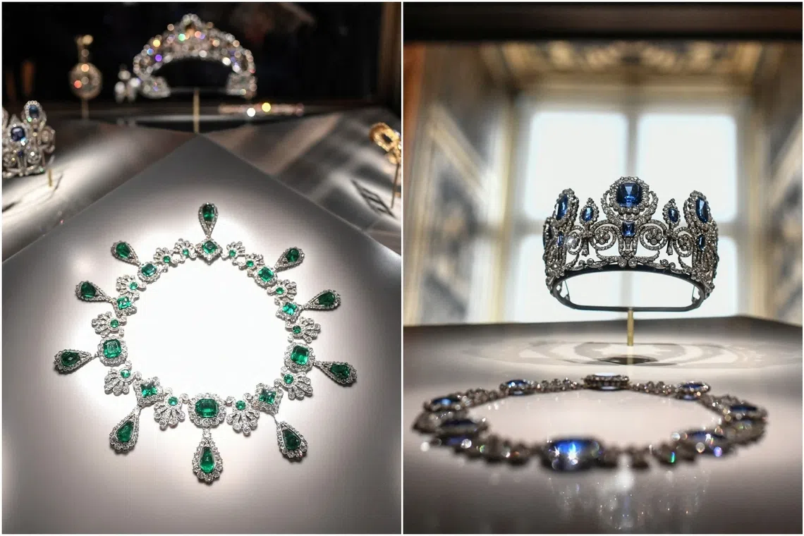 The necklace and earrings of Empress Marie-Louise (left) and the set of jewelry of Queen Marie-Amelie and Queen Hortense (left) are some of the jewels stolen from Louvre Musuem.
