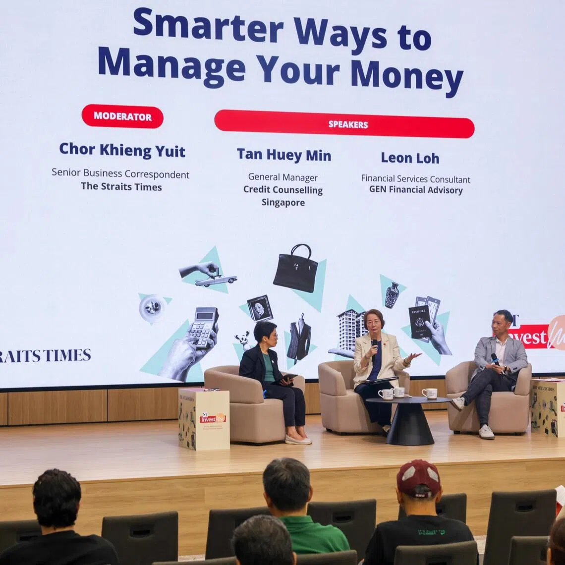 (Left to right) Straits Times senior correspondent Chor Khieng Yuit, alongside Tan Huey Min, general manager of Credit Counselling Singapore, and Leon Loh, financial services consultant at Gen Financial Advisory, at the Straits Times InvestMe session on Sept 17.