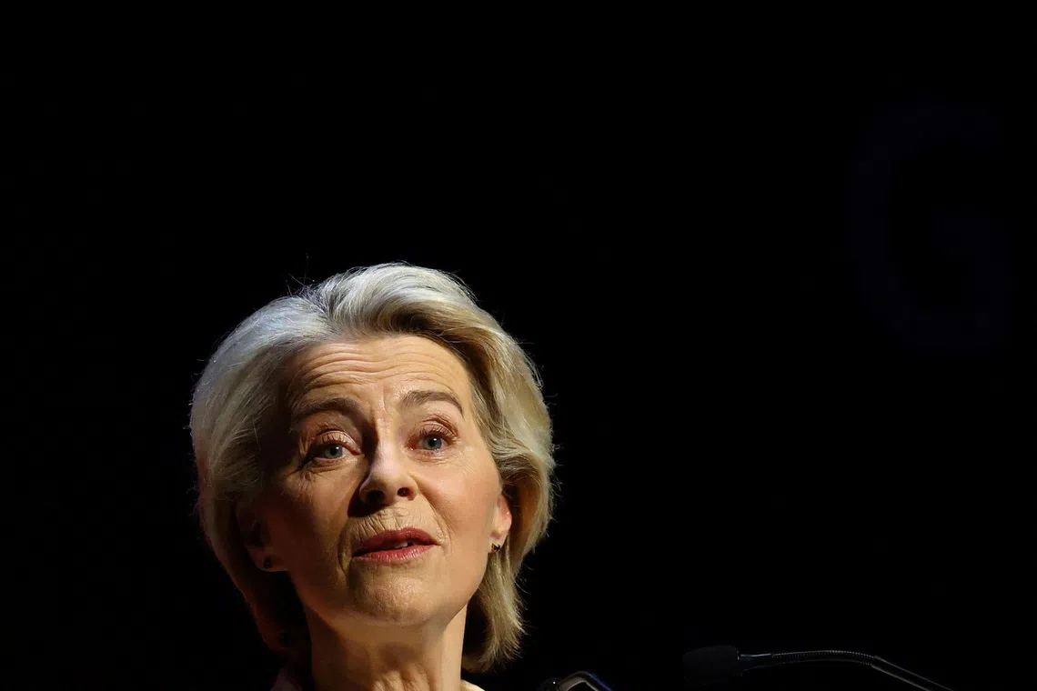 European Commission President Ursula von der Leyen addresses a keynote during the Global Gateway Forum in Brussels, Belgium October 9, 2025. REUTERS/Yves Herman