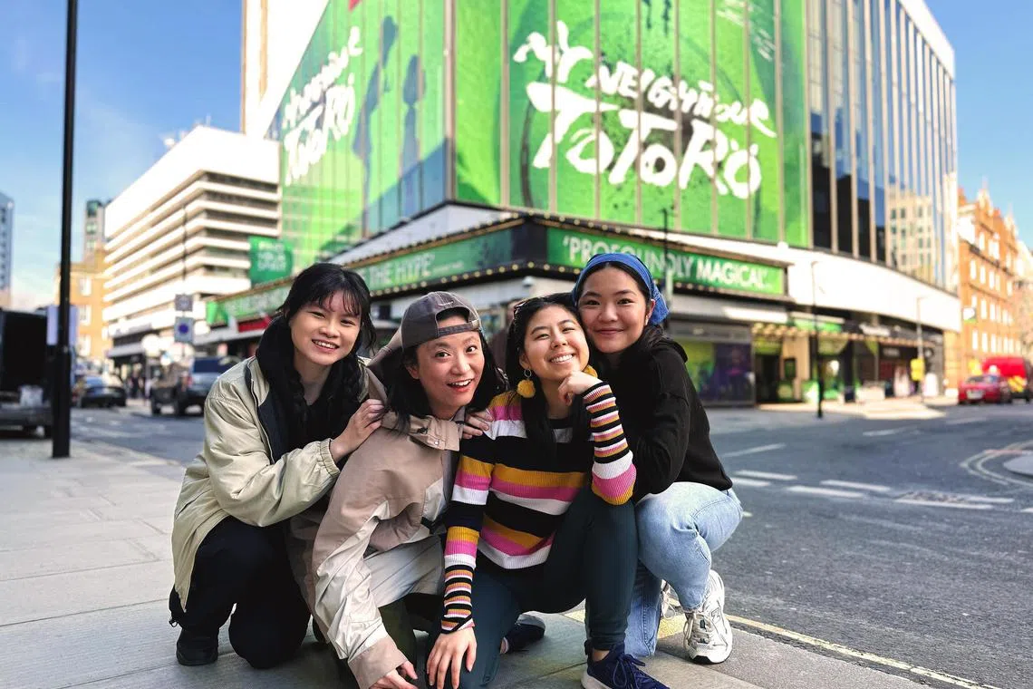Singaporeans are part of My Neighbour Totoro’s West End debut: (from left) assistant stage manager Alicia Quah, swing kazego puppeteer Amber Lin, lead actress Victoria Chen and kazego puppeteer Rachel Clare Chan. 
