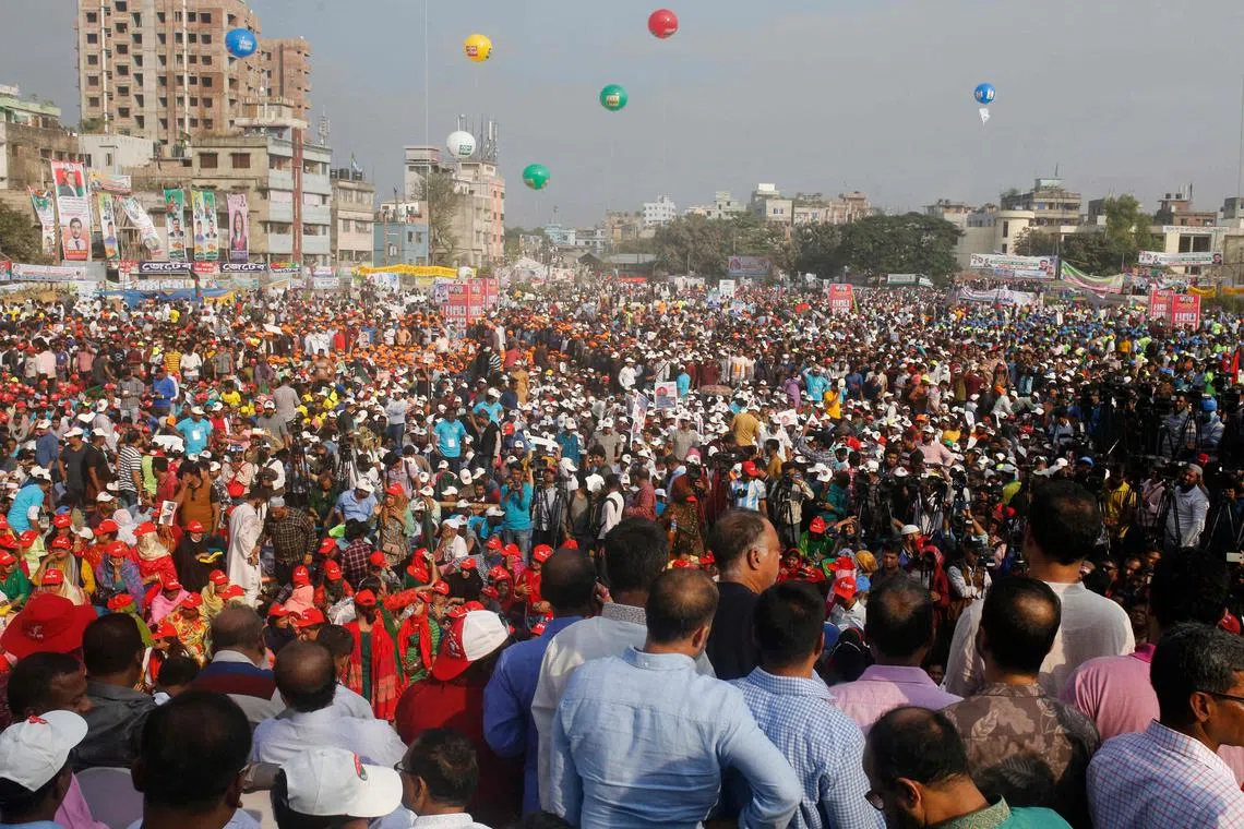 Supporters of Bangladesh Nationalist Party gather in the party's last divisional rally in Dhaka on Dec 10, 2022.
