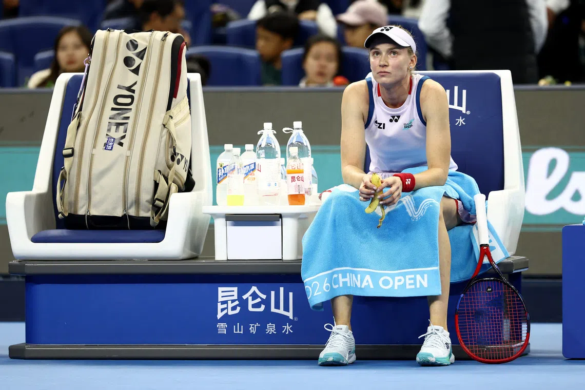 Kazakhstan’s Elena Rybakina during her round of 64 match against Russia’s Alena Charaeva on Oct 3 in Beijing.