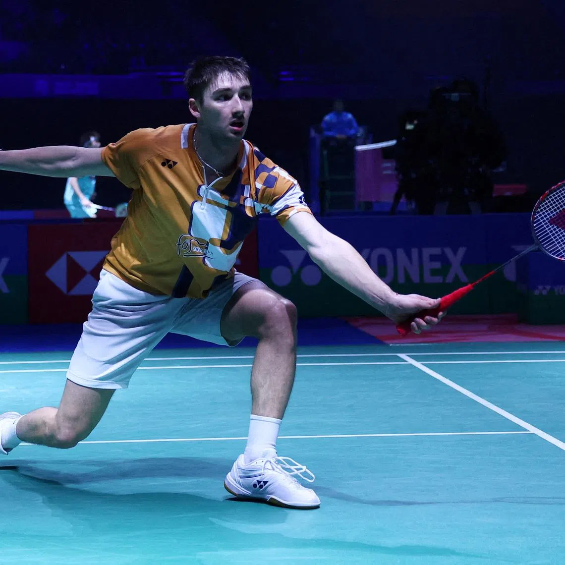 FILE PHOTO: Badminton - India Open 2026 - Indira Gandhi Indoor Stadium, New Delhi, India - January 16, 2026 France's Christo Popov in action during his quarter final match against Indonesia's Jonatan Christie REUTERS/Anushree Fadnavis/File Photo