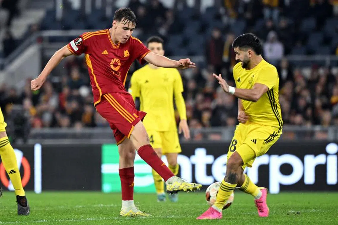Soccer Football - Europa League - Group G - AS Roma v Sheriff Tiraspol - Stadio Olimpico, Rome, Italy - December 14, 2023 AS Roma's Niccolo Pisilli scores their third goal REUTERS/Alberto Lingria