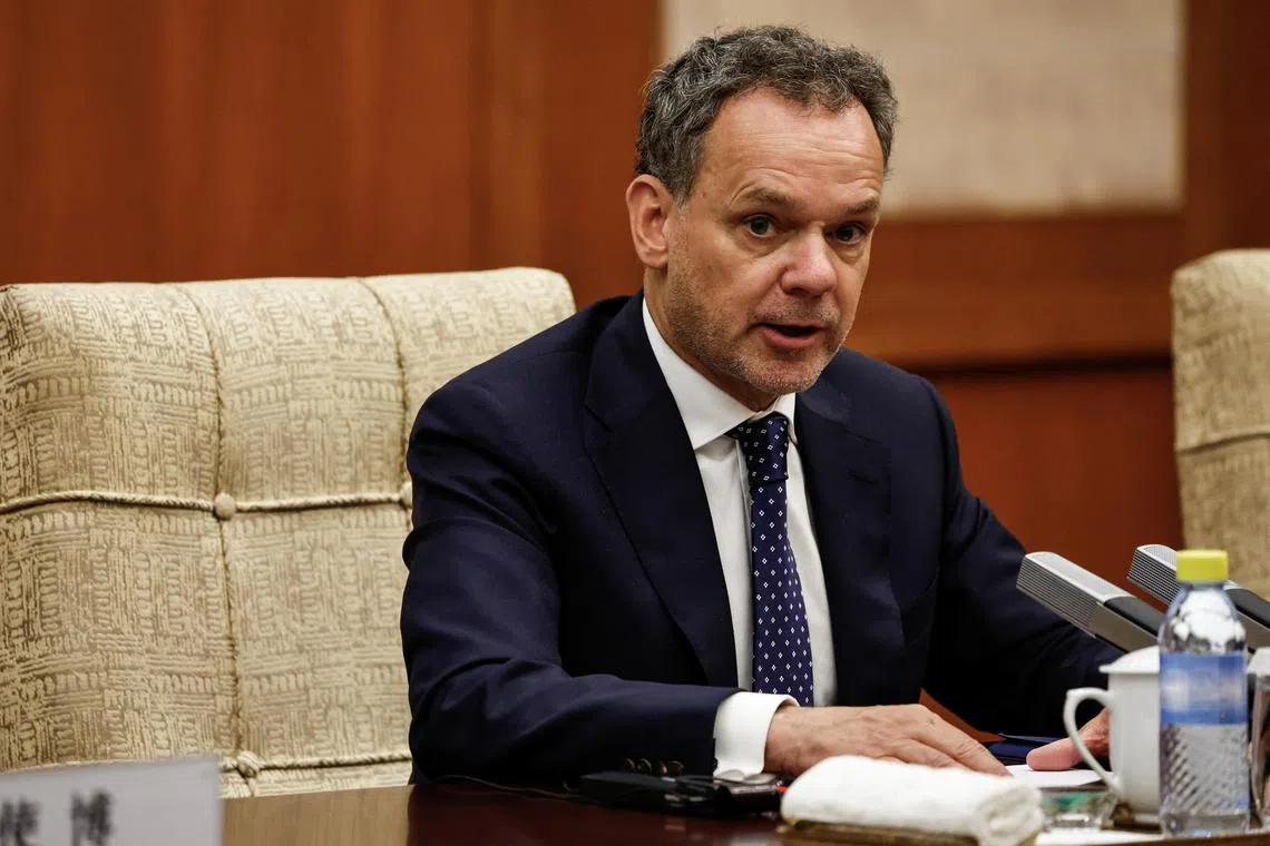 FILE PHOTO: Dutch Foreign Minister Caspar Veldkamp speaks during a meeting with Chinese Foreign Minister Wang Yi (not pictured) at the Diaoyutai State Guesthouse in Beijing, China May 22, 2025. REUTERS/Tingshu Wang/Pool/File Photo