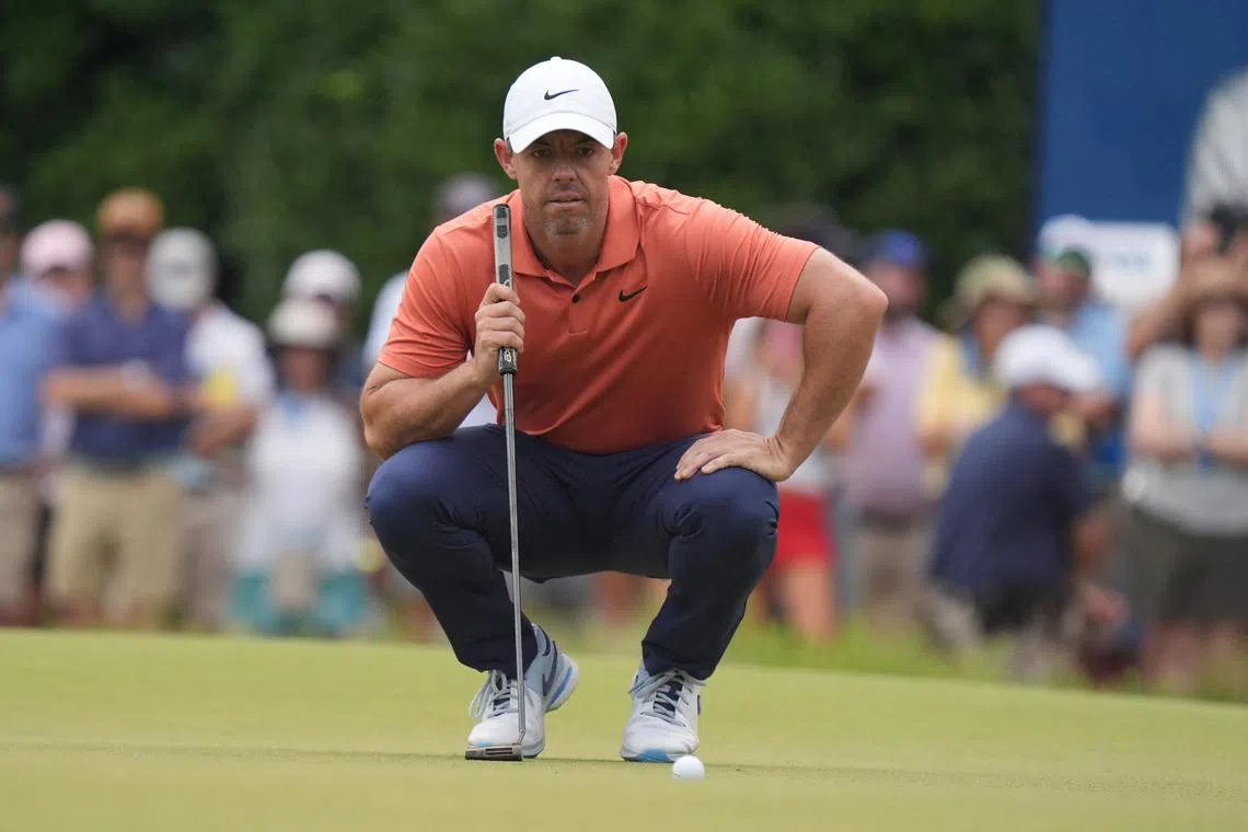 Jun 13, 2024; Pinehurst, North Carolina, USA; Rory McIlroy prepares to putt on the second green during the first round of the U.S. Open golf tournament. Mandatory Credit: Katie Goodale-USA TODAY Sports