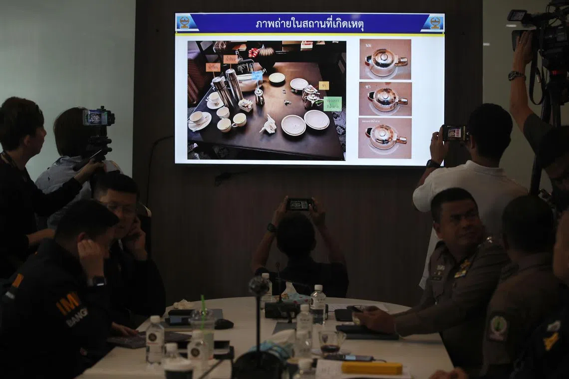 epa11483122 A photograph showing cups of tea and food which are believed to be involved in six people's death from poisoning is displayed during a press conference at Lumpini police station in Bangkok, Thailand, 17 July 2024. According to the Deputy Commissioner of the Metropolitan Police Bureau, Police Major General Noppasilp Poonsawat, six Vietnamese people, two of which had American citizenship, and four Vietnamese nationals, that were found dead in a hotel room were poisoned with cyanide. The culprit, whom committed suicide, was found dead with the victims, police said.  EPA-EFE/RUNGROJ YONGRIT