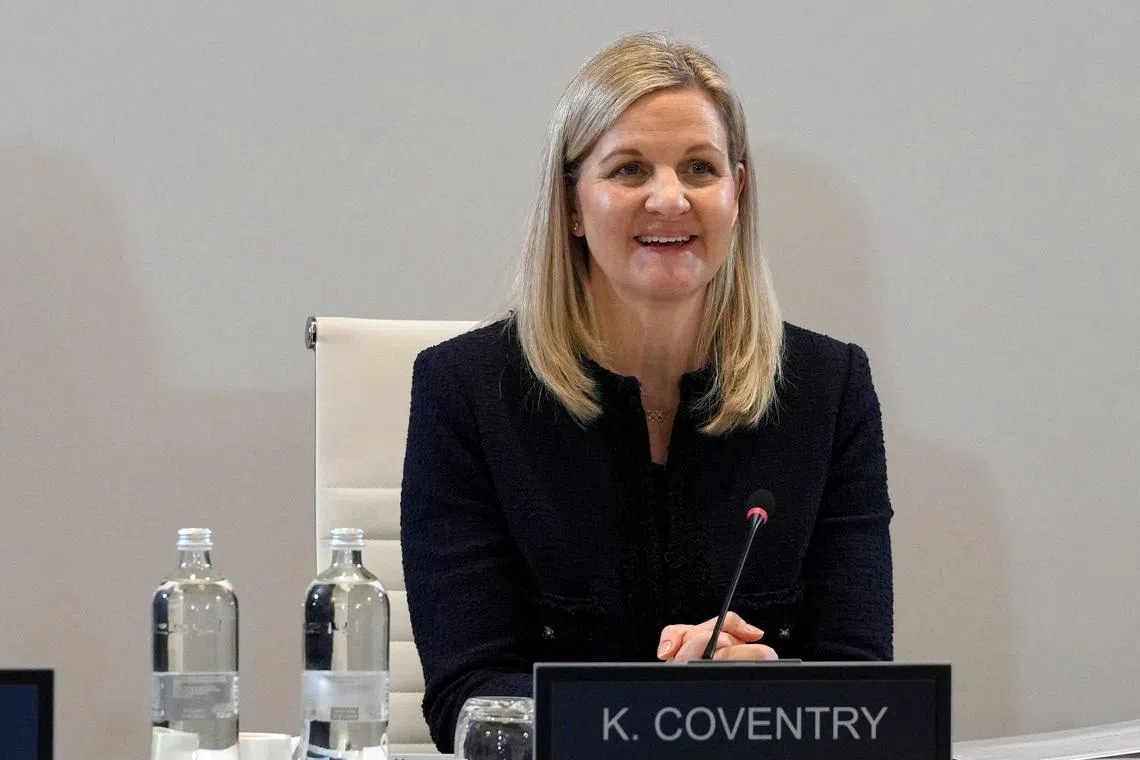Milano Cortina 2026 Winter Olympics - IOC Executive Board Meeting - Milan, Italy - January 31, 2026 IOC President Kirsty Coventry reacts during the IOC Executive Board Meeting Pool via REUTERS/Antonio Calanni