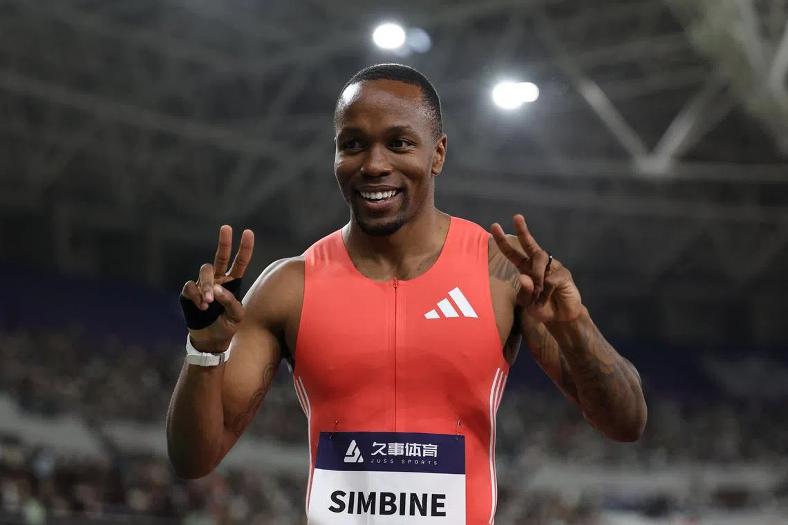 FILE PHOTO: Athletics - Diamond League - Shanghai - Shaoxing China Textile City Sports Centre, Shaoxing, China - May 3, 2025 South Africa's Akani Simbine celebrates after winning the men's 100m final REUTERS/Go Nakamura/File Photo