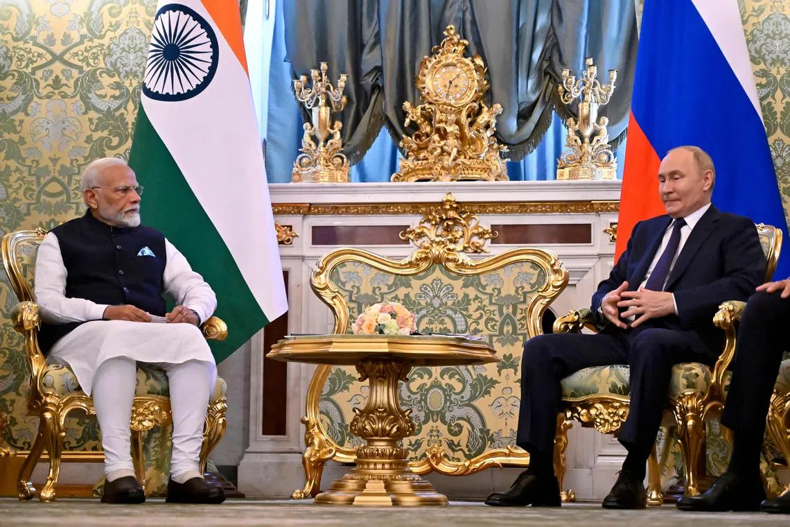 Indian Prime Minister Narendra Modi meeting Russian President Vladimir Putin at the Kremlin in Moscow on July 9.