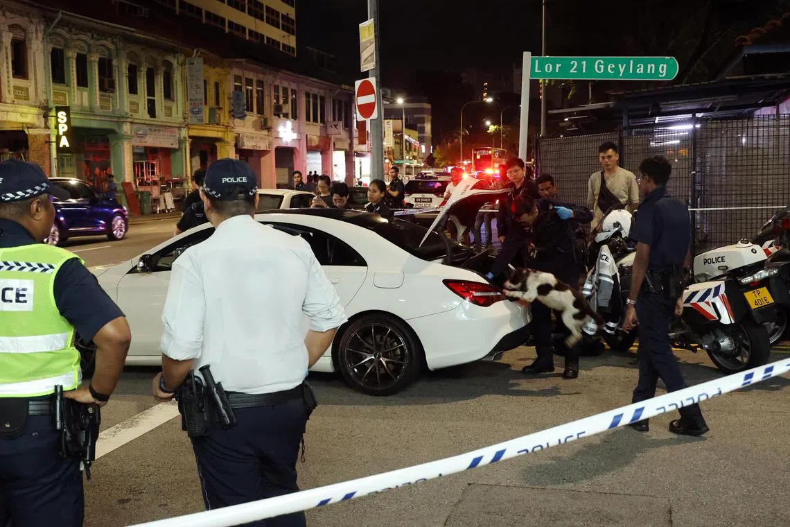 The male driver and two passengers then abandoned the sedan and fled on foot at Lorong 21 Geylang.