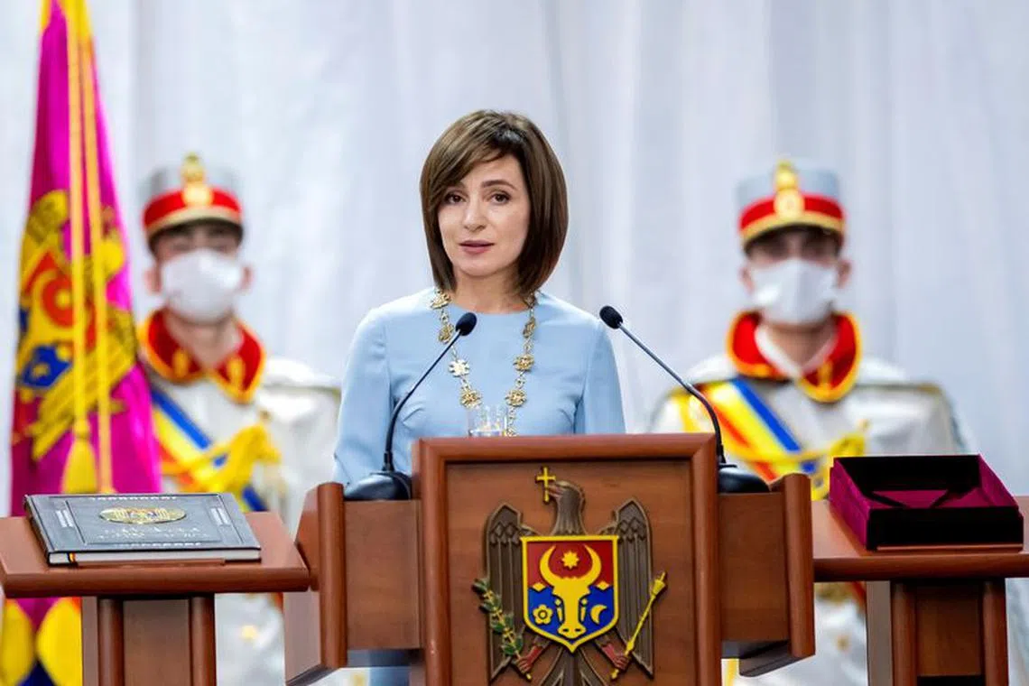 FILE PHOTO: Moldovan President Maia Sandu delivers a speech during an inauguration ceremony in Chisinau, Moldova December 24, 2020. REUTERS/Stringer/File Photo