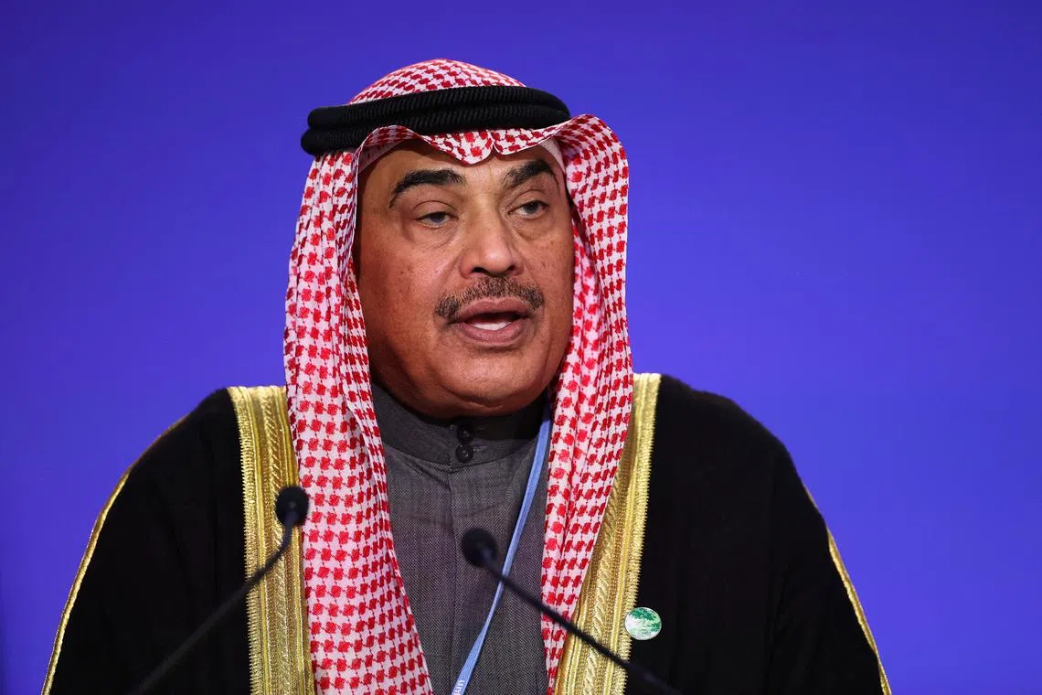 FILE PHOTO: Kuwait's Prime Minister Sheikh Sabah al-Khalid al-Sabah speaks during the UN Climate Change Conference (COP26) in Glasgow, Scotland, Britain, November 2, 2021. REUTERS/Hannah McKay/Pool/File Photo