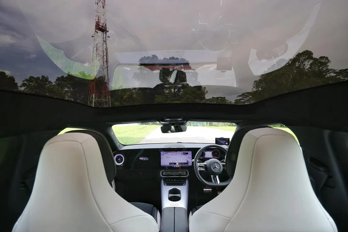 The CLA250+ has the latest MB.OS operating system, a 14-inch front passenger display and a panoramic glass roof.