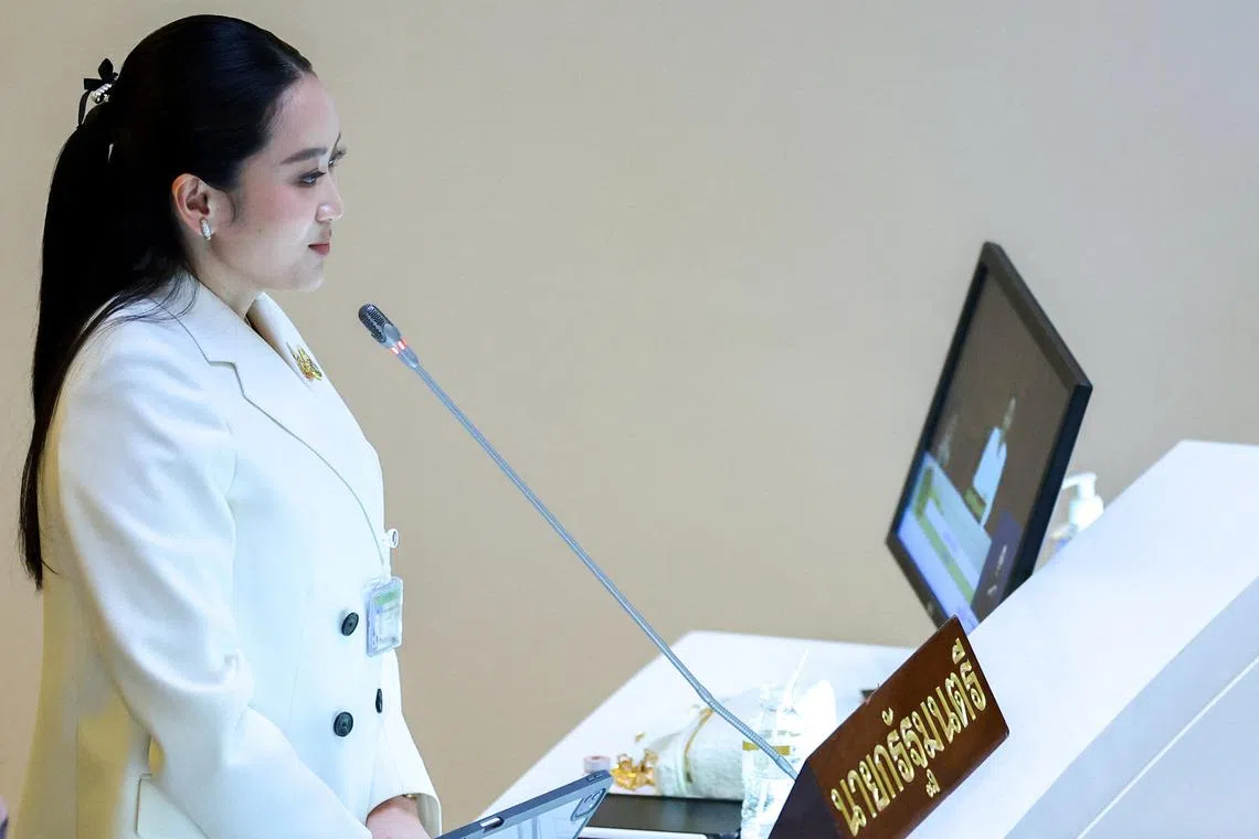 FILE PHOTO: Thailand's Prime Minister Paetongtarn Shinawatra speaks during a no-confidence debate at the parliament in Bangkok, Thailand, March 24, 2025. REUTERS/Athit Perawongmetha/File Photo