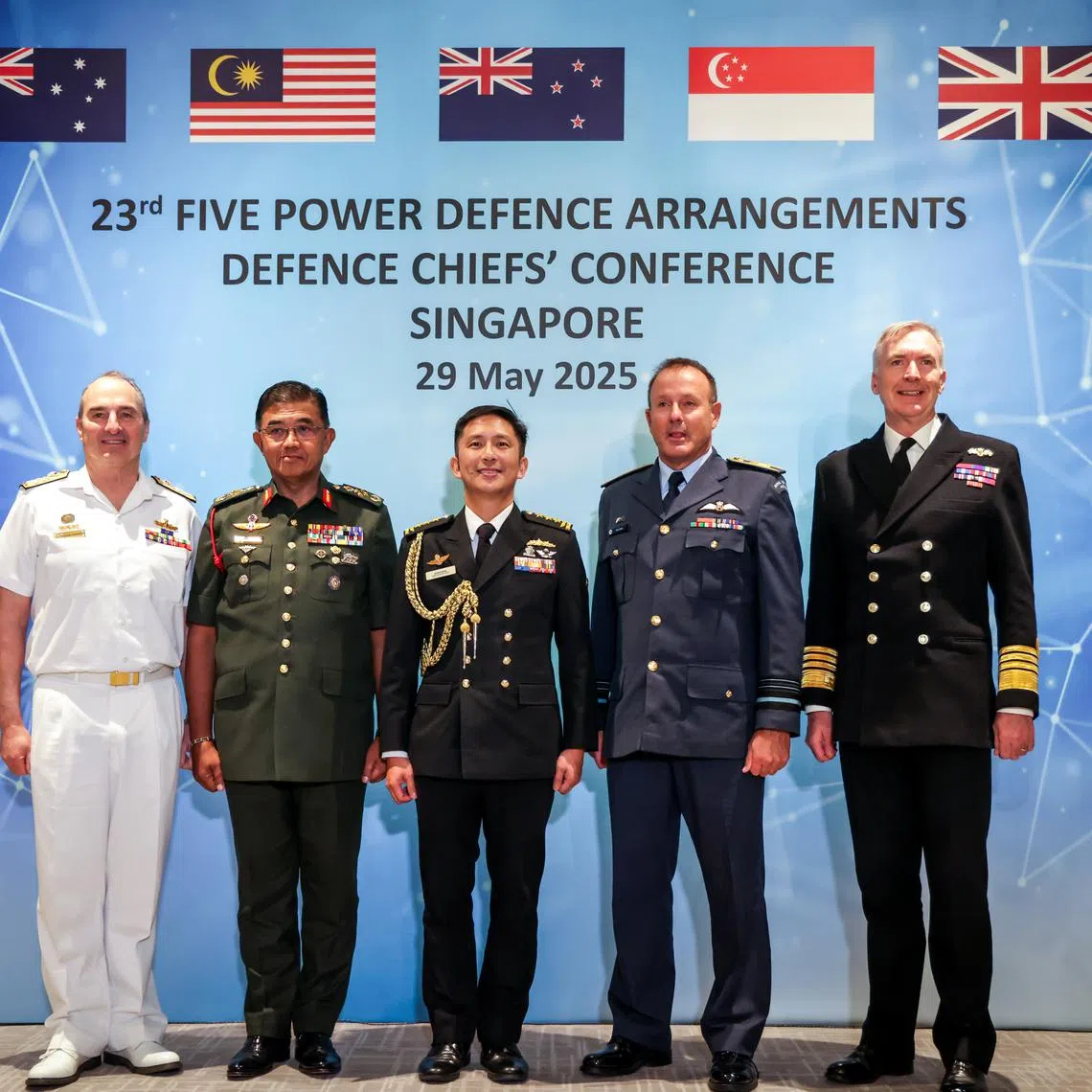 Singapore’s Chief of Defence Force Aaron Beng (centre) with his counterparts (from left) Australia's Admiral David Johnston, Malaysia’s General Mohd Nizam Jaffar, New Zealand’s Air Marshal Tony Davies and UK's Admiral Tony Radakin at the FPDA Defence Chiefs' Conference on May 29.