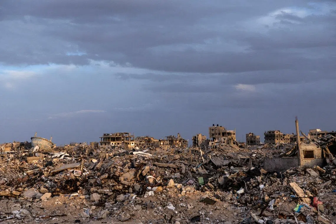 FILE PHOTO: Buildings lie in ruins amidst the rubble in Rafah, in the southern Gaza Strip, on December 8, 2025. REUTERS/Nir Elias /File Photo