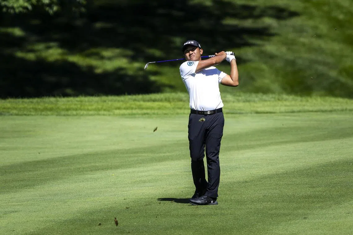 Chinese Taipei's C.T. Pan playing his shot on the ninth hole during the second round of the John Deere Classic golf tournament on July 5.