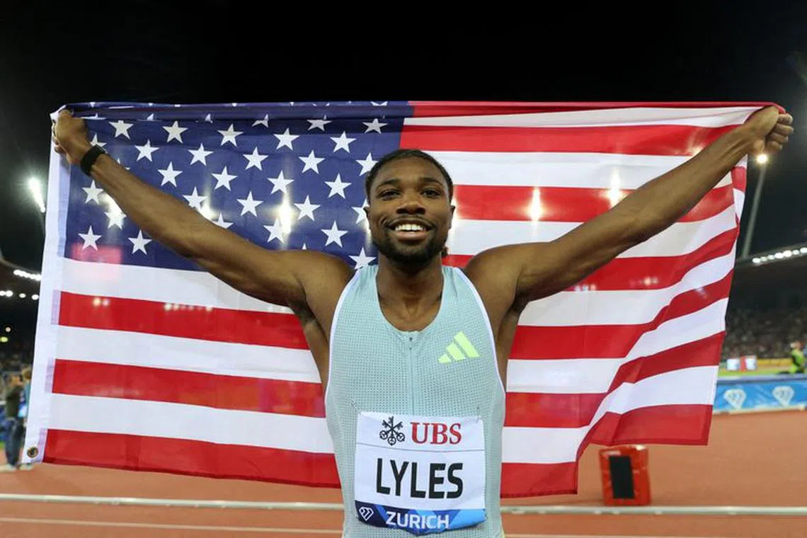 FILE PHOTO: Athletics - Diamond League - Weltklasse - Letzigrund, Zurich, Switzerland - August 31, 2023 Noah Lyles of the U.S. celebrates after winning the men's 200m final REUTERS/Denis Balibouse/File Photo