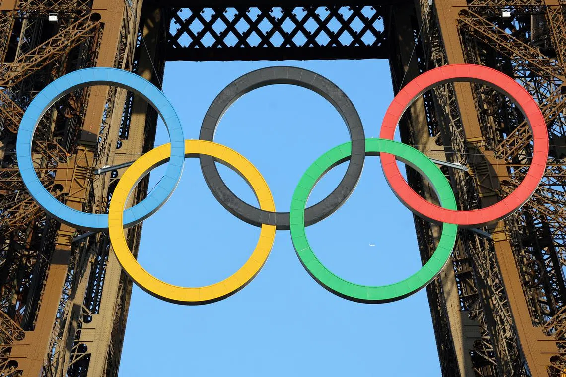 FILE PHOTO: The Olympic rings are pictured on the Eiffel Tower ahead the Paris 2024 Olympic and Paralympic Games in Paris, France, July 19, 2024.   REUTERS/Fabrizio Bensch/File Photo