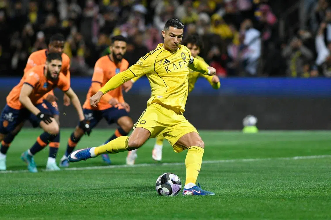Soccer Football - Saudi Pro League - Al Fayha v Al Nassr - Al-Majma'ah Sports City Stadium, Al Majma'ah, Saudi Arabia - February 28, 2026 Al Nassr's Cristiano Ronaldo fails to score from the penalty spot. REUTERS/Stringer