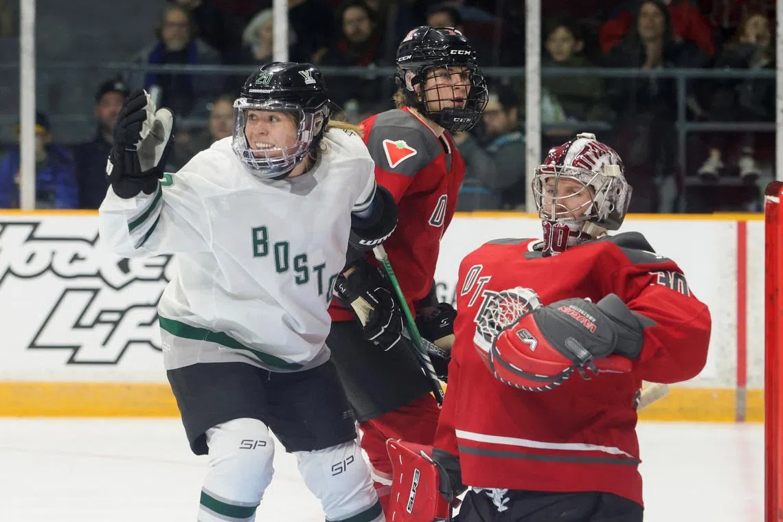 FILE PHOTO: Boston's Hannah Brandt of the Professional Women's Hockey League (PWHL) celebrates after scoring against Ottawa during first period action in Ottawa, Ontario, Canada January 24, 2024. REUTERS/Patrick Doyle/ File Photo