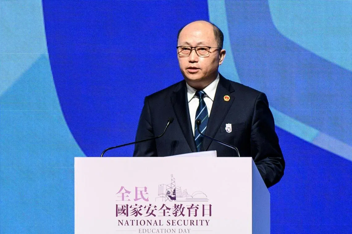 (FILES) This file photo taken on April 15, 2021 shows Head of the Office for Safeguarding National Security of the Central People's Government in the HKSAR, Zheng Yanxiong delivering a speech during the National Security Education Day Opening Ceremony at the Hong Kong Convention Centre in Hong Kong. - Zheng Yanxiong, the hardline head of Hong Kong's national security agency, has been appointed China's top representative in the city, state media said on January 14, 2023, as Beijing tightens its grip since 2019 democracy protests. (Photo by Anthony WALLACE / AFP)