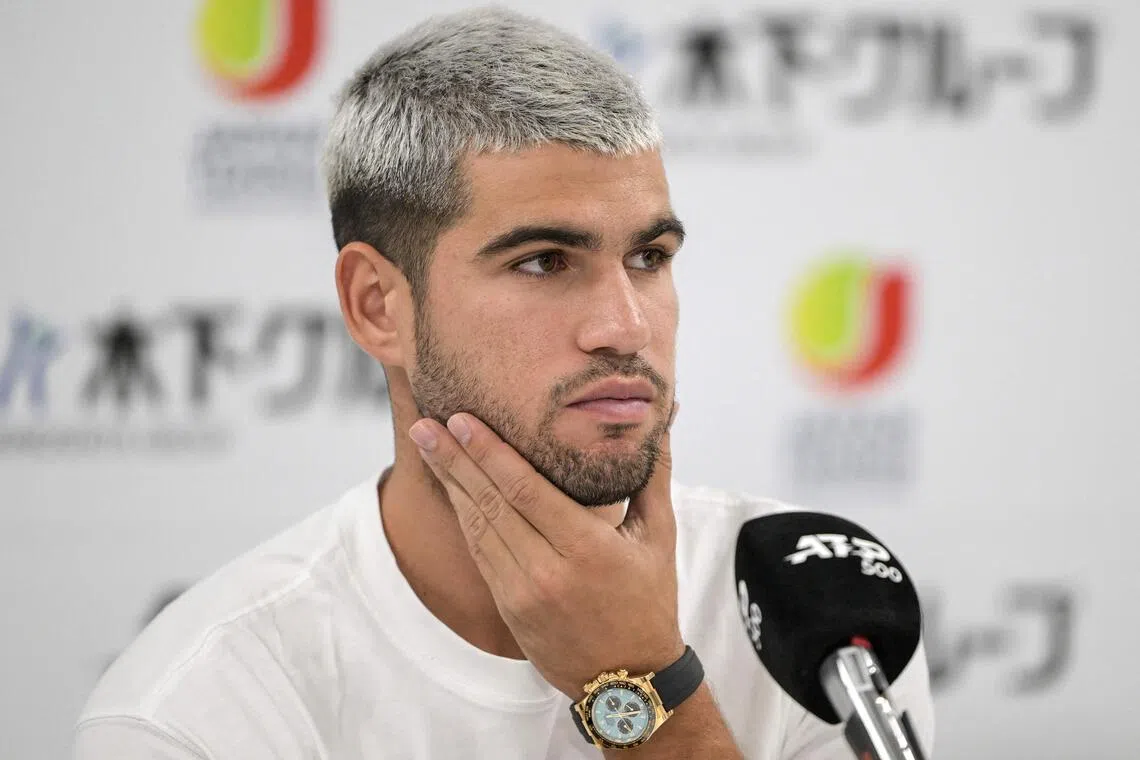 Spain's Carlos Alcaraz speaking to the media during a press conference on the sidelines of the men's ATP Japan Open tennis tournament in Tokyo on Sept 24, 2025.