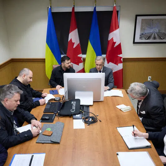 Ukraine's President Volodymyr Zelensky (center left) and Canadian Prime Minister Mark Carney (center right) during a meeting in Halifax, Nova Scotia, Canada.