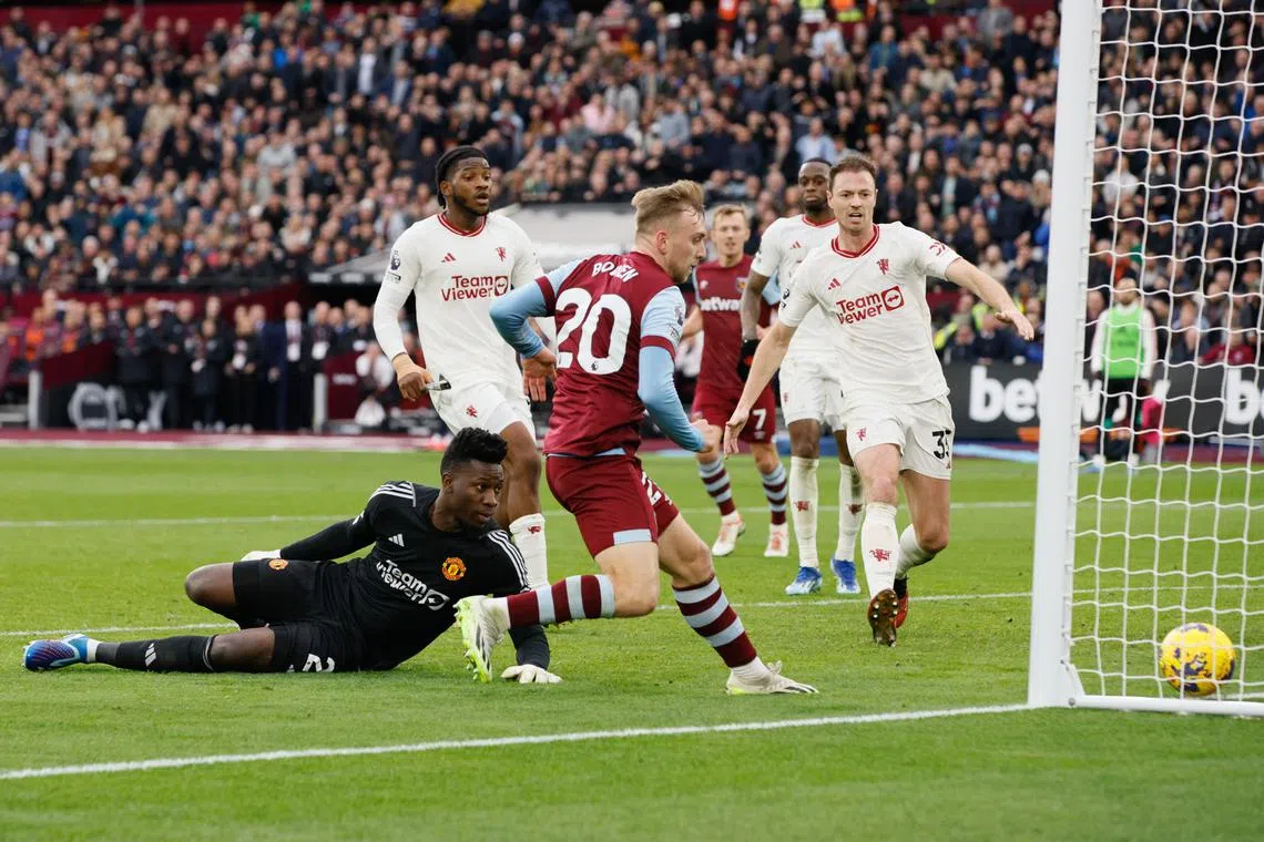 West Ham United’s Jarrod Bowen scoring their first goal in the 2-0 victory over Manchester United at the London Stadium on Dec 23.