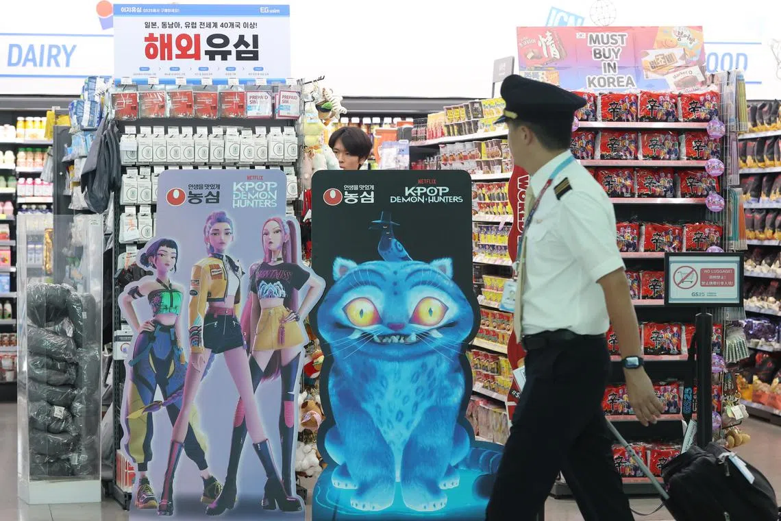epa12339098 Food products featuring characters from the global hit animated movie 'KPop Demon Hunters' are displayed at a shop in Incheon International Airport, in Incheon, South Korea, 31 August 2025.  EPA/YONHAP SOUTH KOREA OUT