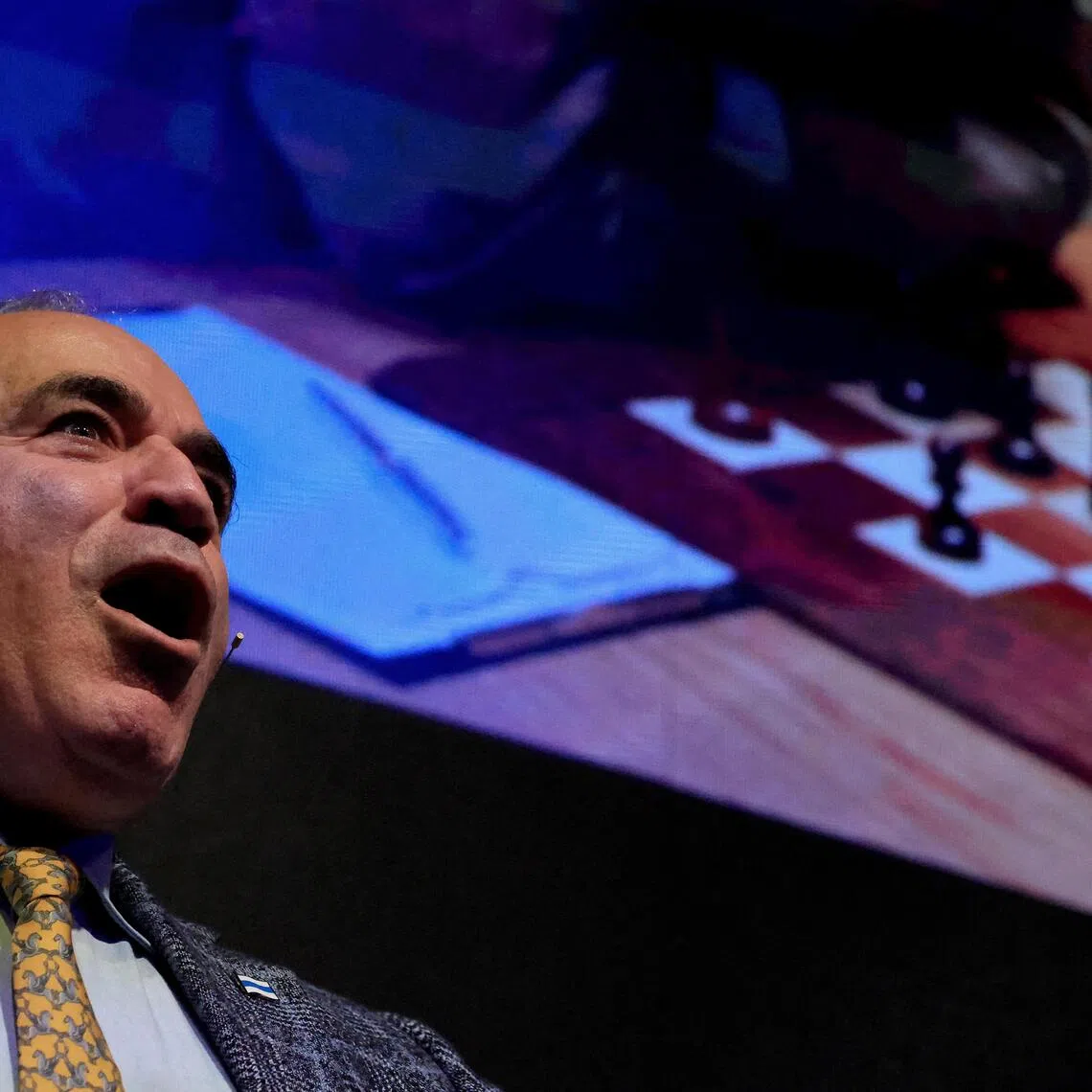 Russian former world chess champion Garry Kasparov speaking to the audience at the Mobile World Congress (MWC) in Barcelona, Spain, on March 3, 2025.