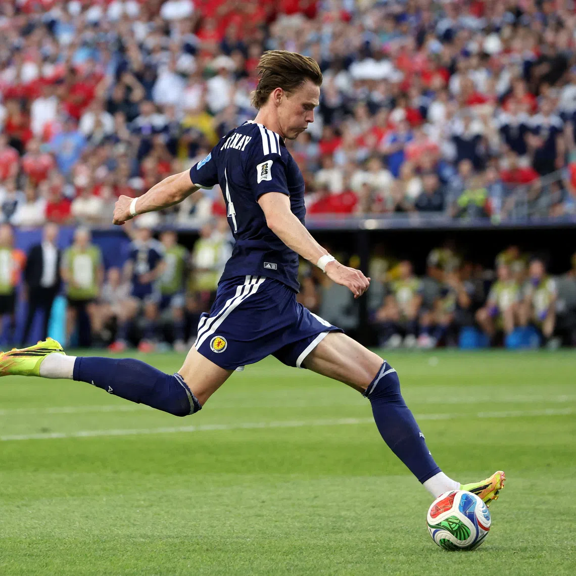FILE PHOTO: Soccer Football - FIFA World Cup 2026 - Group C - Scotland v Morocco - Boston Stadium, Foxborough, Massachusetts, U.S. - June 19, 2026 Scotland's Scott McTominay shoots at goal IMAGN IMAGES via Reuters/Paul Rutherford/File Photo