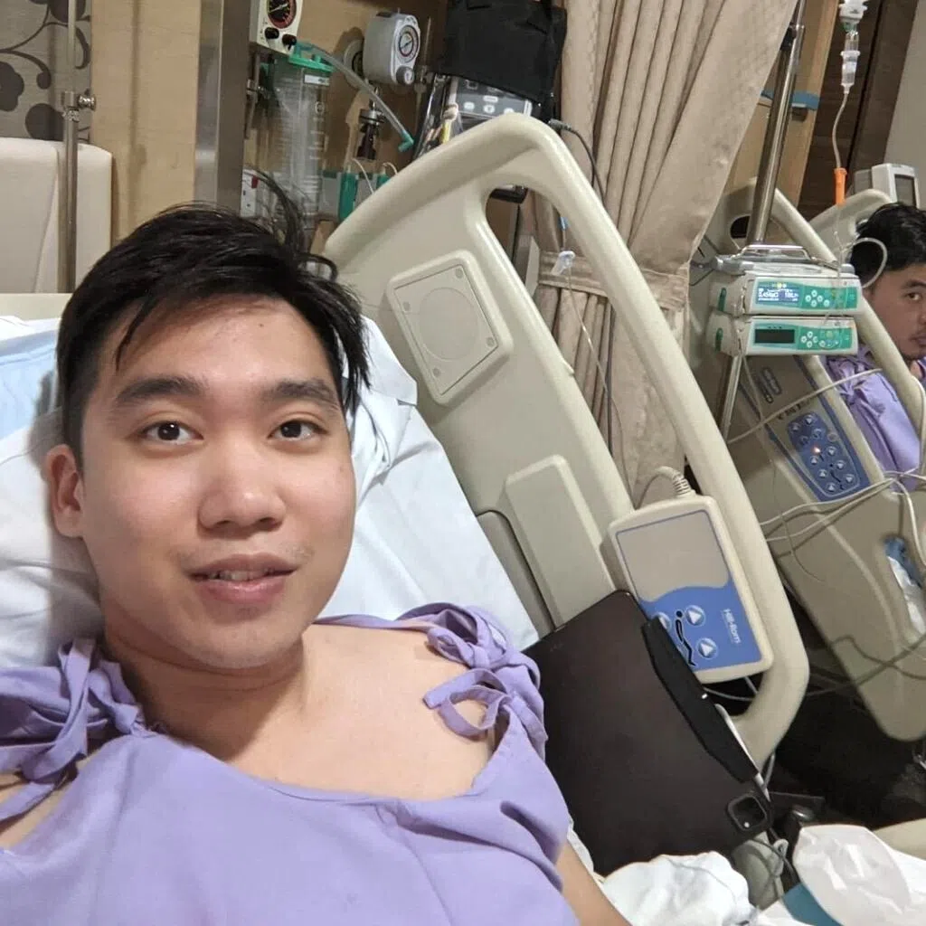 Mr Tew (left) recovering at Mount Elizabeth Hospital together with Mr Pang, post-surgery. 