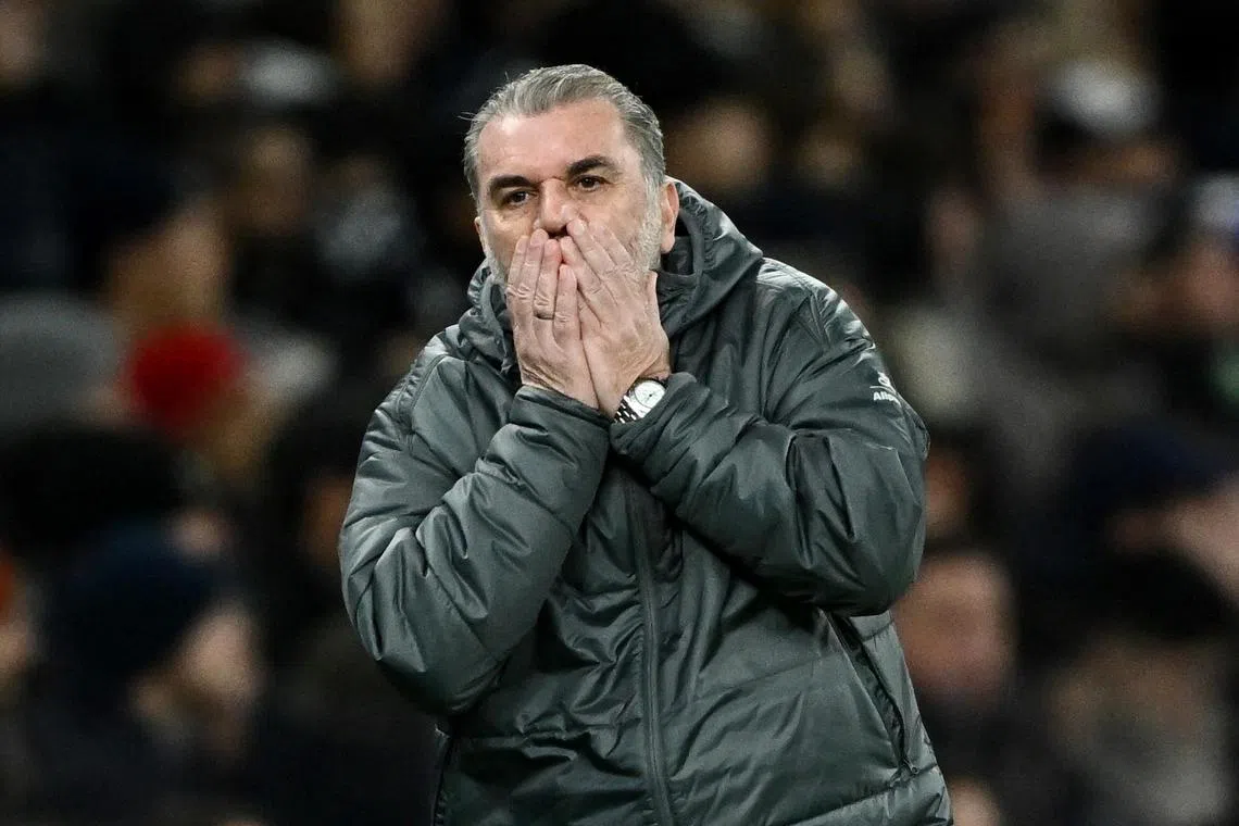 Tottenham Hotspur manager Ange Postecoglou reacting during the 6-3 home English Premier League defeat by Liverpool at the Tottenham Hotspur Stadium on Dec 22.