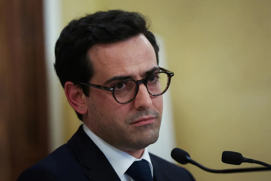 FILE PHOTO: French Foreign Minister Stephane Sejourne attends a press conference at the Pine Residence, the official residence of the French ambassador to Lebanon, in Beirut, Lebanon, April 28, 2024. REUTERS/Mohamed Azakir/File Photo